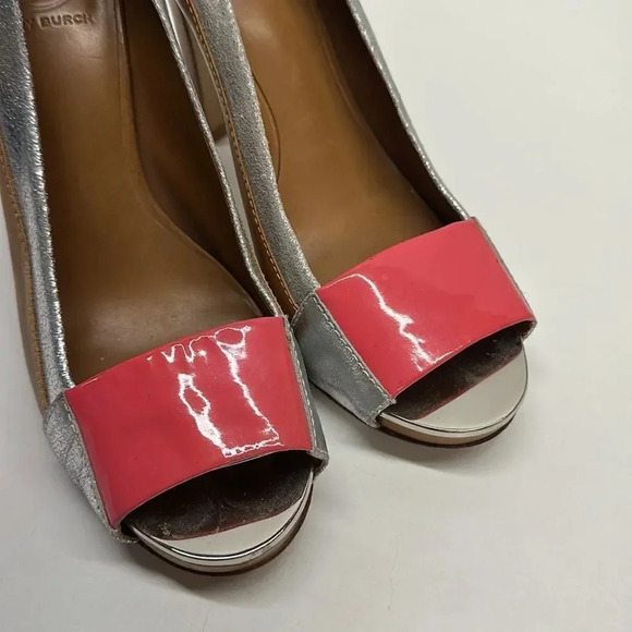 Tory Burch Runway Cluny High Heel Shoes Pumps Open Toe Leather Brown Pink 9.5 - Picture 3 of 14